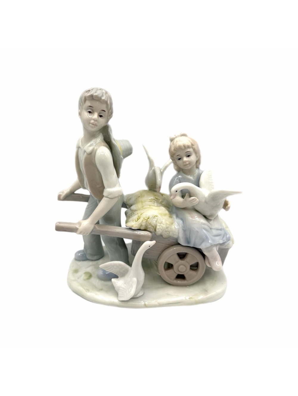 Vintage Nao Lladro 1986 Young Boy Pushing Girl in Wheelbarrow Porcelain Figurine